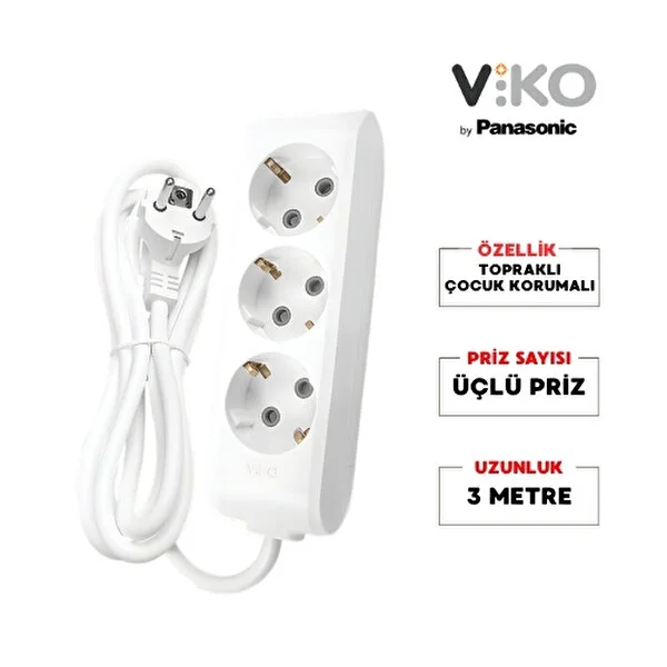 VİKO 3 LÜ GRUP PRİZ ÇOCUK KORUMALI BEYAZ 3 METRE