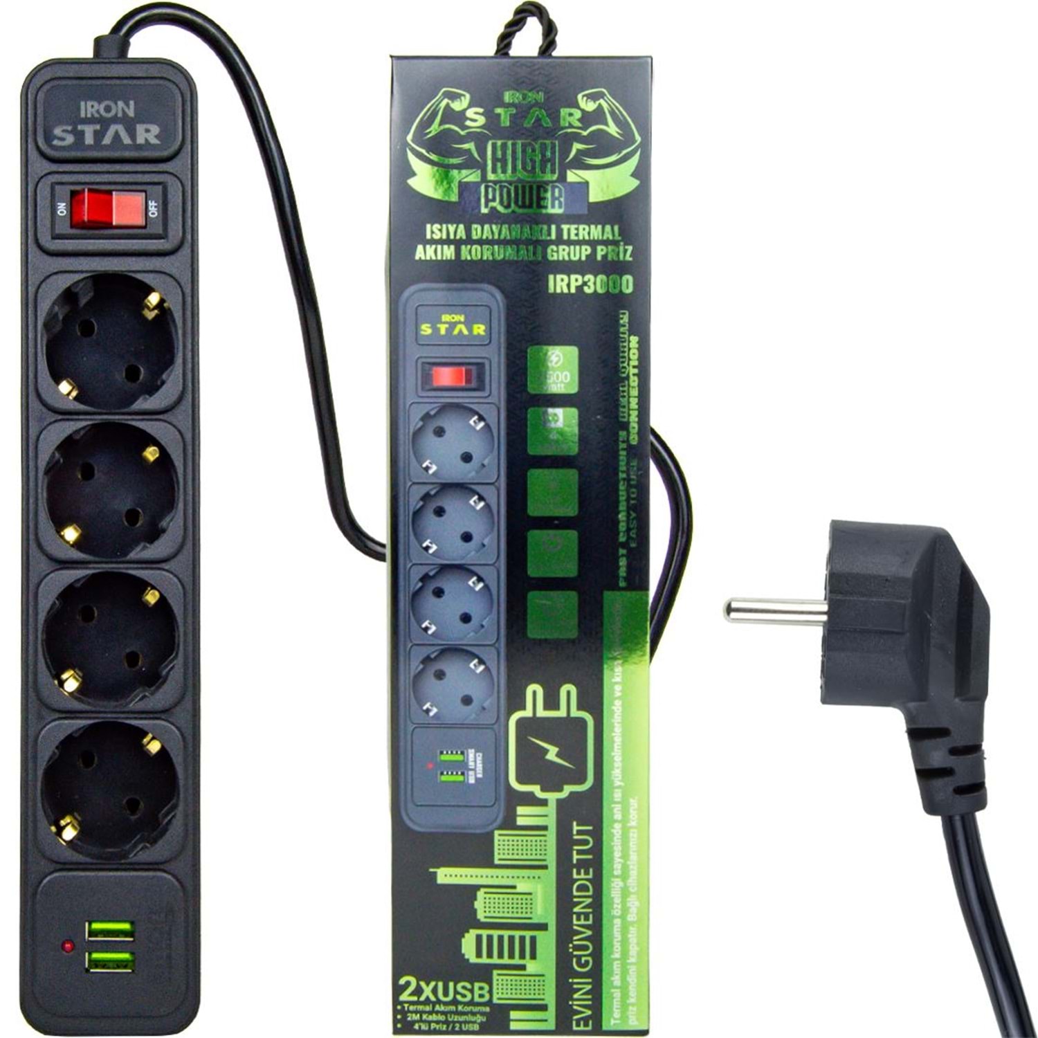 İRON STAR 4 LÜ VE 2XUSB AKIM KORUMALI PRİZ